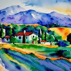 Colorful Watercolor Painting of Rural Landscape with Hills and Houses