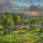 Vibrant sunset landscape with river, houses, and dramatic sky