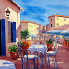 Colorful outdoor cafe setting with tables, chairs, and vibrant buildings under clear blue sky