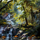 Autumn waterfall with sunlight filtering through trees