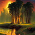 Tranquil sunset landscape with tall trees, river reflection, and person by water