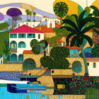 Vibrant coastal scene with stylized buildings, palm trees, boats, hills, and bright sky