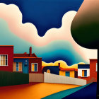 Colorful Suburban Landscape Painting with Geometric Houses and Surreal Clouds