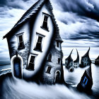 Surreal blue-toned artwork: Distorted houses in turbulent water under stormy sky