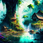 Tropical jungle with cliff huts, waterfalls, lake, lush vegetation, mist