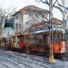 Vintage trams on cobblestone street with bare trees and old buildings in watercolor style