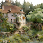 Tranquil watercolor: charming house, lush gardens, serene pond