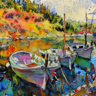 Vibrant watercolor painting: Boats at colorful dock with lush foliage and water reflection