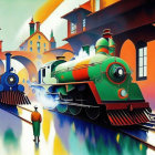 Vibrant artwork of man by railway with steam locomotives.