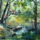 Serene watercolor painting of lush green woodland scene