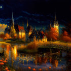 Whimsical castle in autumnal nocturnal landscape