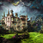 Surreal artwork: Intricate castle in vibrant landscape under stormy sky