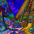 Colorful Psychedelic Artwork: Pyramids, Starry Sky, Mountains, Trees & Water