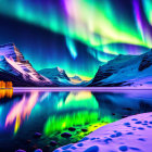 Northern Lights Dance Over Snowy Mountains and Lake