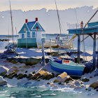 Tranquil seaside scene with docked boats and coastal houses