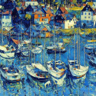 Vibrant harbor scene with blue and yellow hues and intricate boat patterns