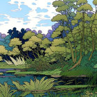 Serene riverside landscape with lush trees and clear sky in comic-style art