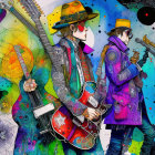 Vibrant characters with guitars in hats and sunglasses on abstract background