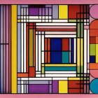 Colorful Geometric Painting: Squares, Rectangles, Lines, Circles on Pink