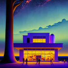 Modern illuminated house by the sea at twilight with people and starry sky