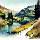 Scenic watercolor landscape of serene lake and green hills