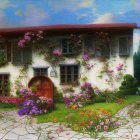 White cottage with pink flowers in vibrant garden