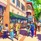 Vibrant street scene artwork with pedestrians and urban setting