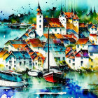 Vibrant coastal town painting with boats and spires reflected in water