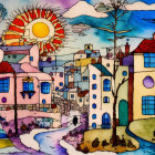 Colorful Coastal Village Painting with Multicolored Houses