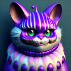 Purple whimsical fantasy creature with big eyes, pointy ears, and wide smile on dark background