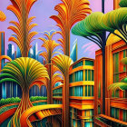 Colorful surreal cityscape with tree-like structures and train.