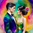 Colorful Abstract Art: Couple in Formal Attire with Whimsical Background