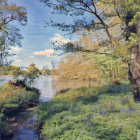 Young Girl Playing Flute by a Tranquil Stream