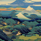 Japanese landscape art: Mount Fuji, serene water, pine forests, temple roofs, rolling hills