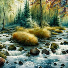 Tranquil stream in sunlit birch forest