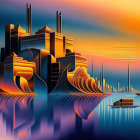 Stylized futuristic cityscape on water with gradient sky