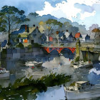 Vibrant painting of riverside village with boats, houses, and trees