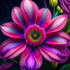 Colorful dew-covered flower illustration on dark background