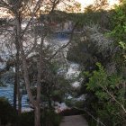 Enchanting landscape with blossoming trees, river, cottage, and distant castle at twilight