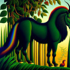 Vibrant surreal illustration of green mythical horse in rainbow forest