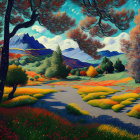 Colorful Landscape Painting: River, Mountains, Trees, Vivid Sky