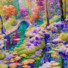 Colorful Watercolor Forest Scene with Stream and Waterfall