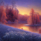 Tranquil twilight river scene with autumn trees and tall grass