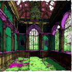 Abandoned Gothic interior with stained glass windows and ornate ceiling