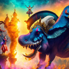 Elaborately dressed individuals on giant blue elephant in vibrant scene