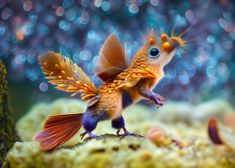 Colorful Bird-Winged Squirrel Creature on Mossy Surface