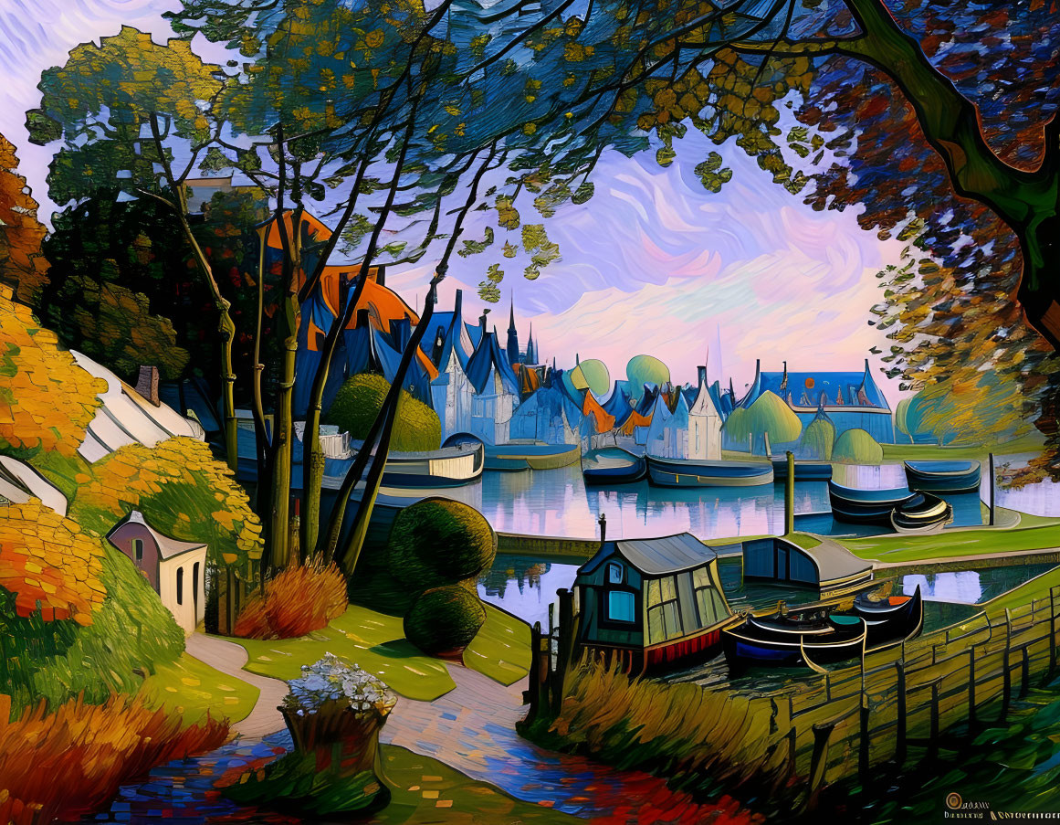 Colorful riverside painting with vibrant houses, boats, and swirling sky