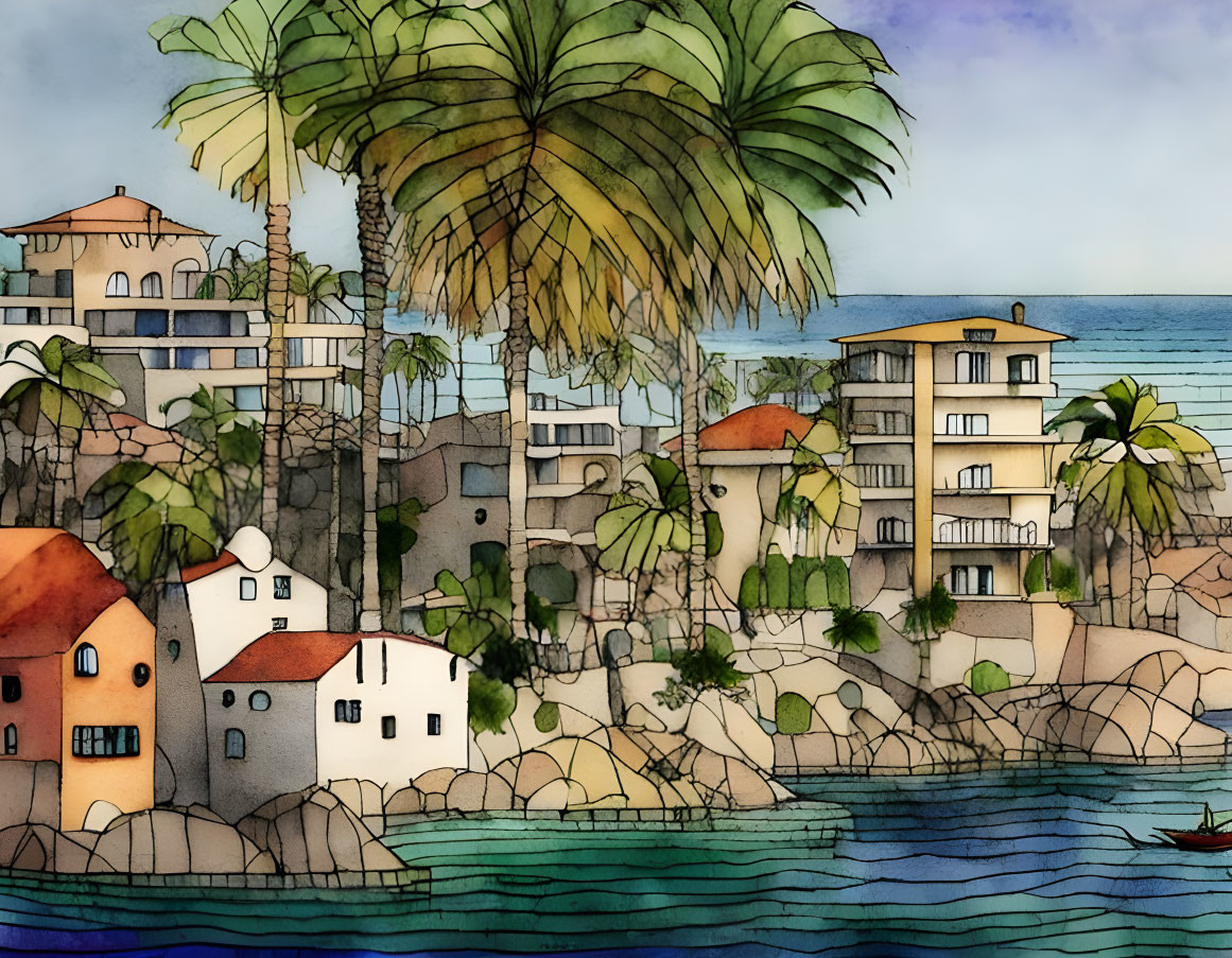 Coastal village watercolor: palm trees, colorful houses, boat on water