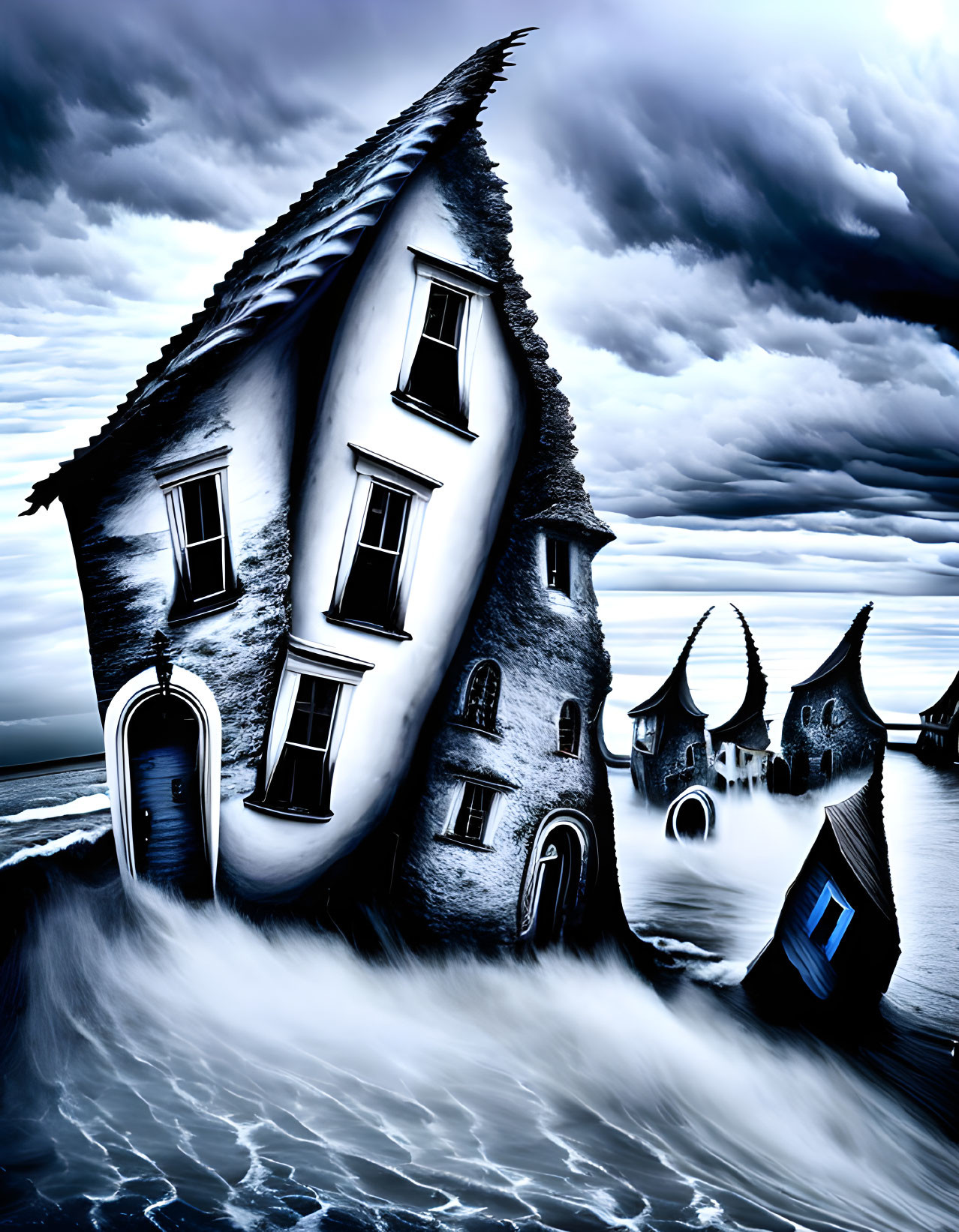 Surreal blue-toned artwork: Distorted houses in turbulent water under stormy sky