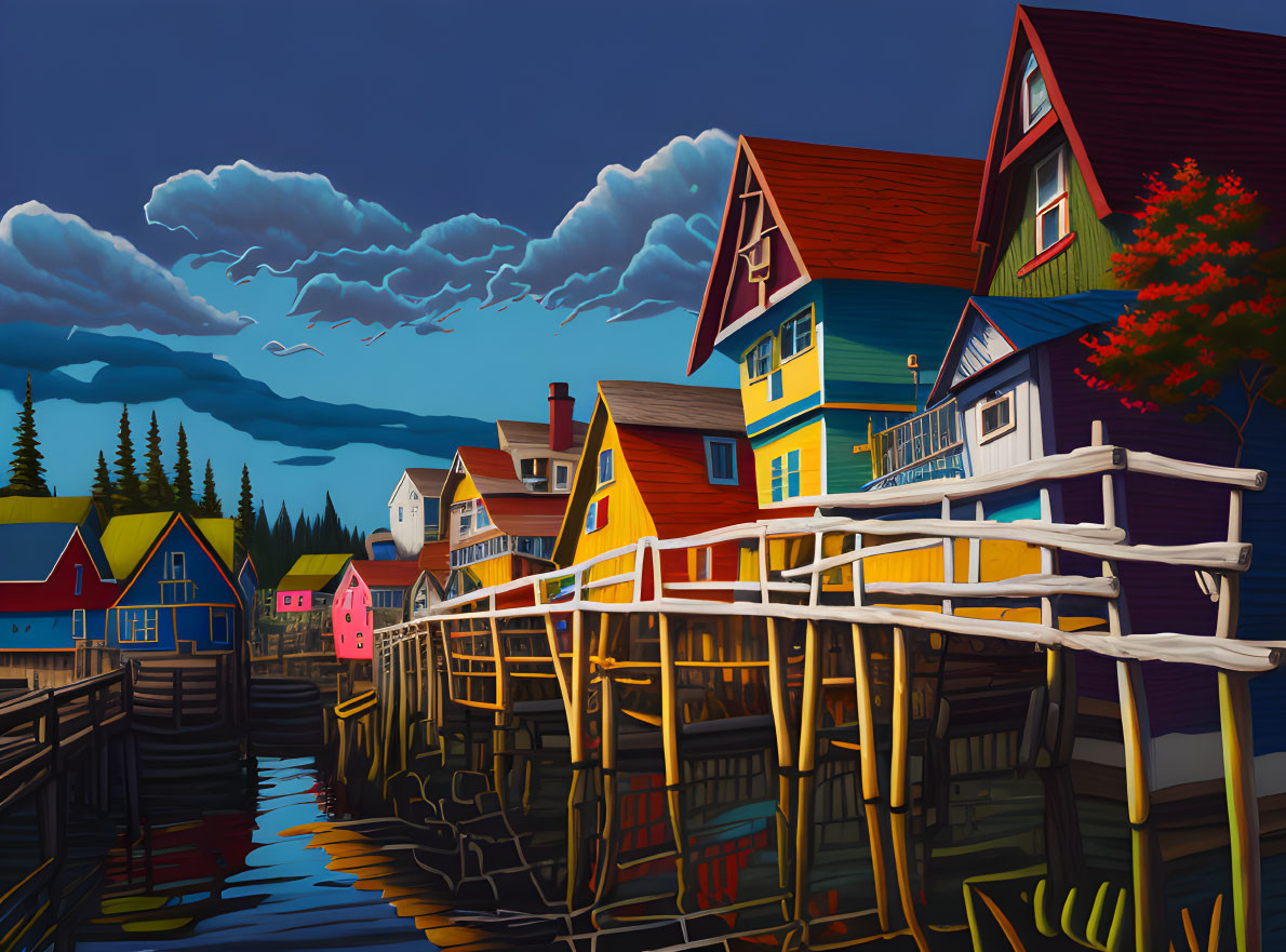 Vibrant sunset over colorful houses on stilts by the water